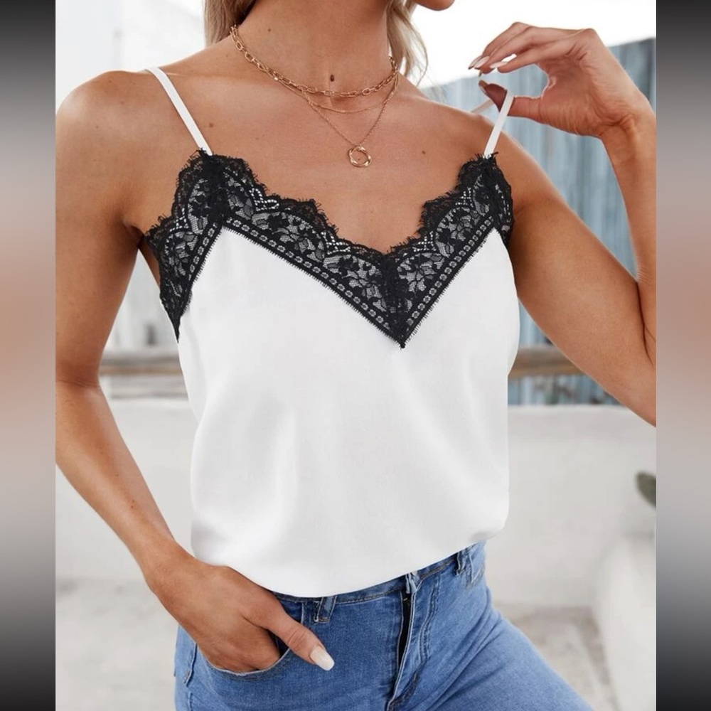 Boho black white two tone color block tank top